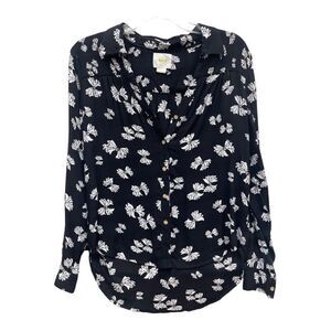 Anthropologie Maeve Black White Bow Button Down Top Size 4 Rayon Lightweight EUC